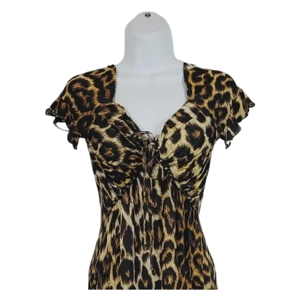 Just Cavalli Brown and Tan A-line Midi Dress with Flutter Sleeves - Picture 4 of 8